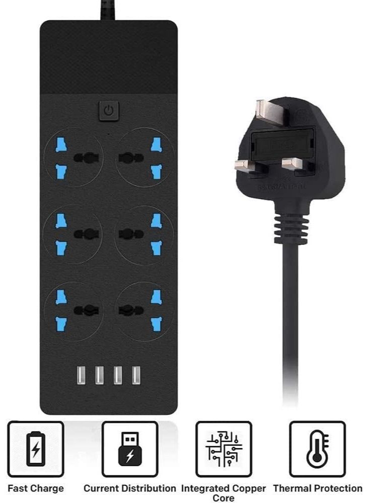 موزع الطاقة العالمي مع مقابس تمديد، محول جدار شامل مع 4 منافذ USB (3.1A) ومقبس كهربائي ذكي 6 منافذ وحماية من زيادة الحمل، كابل قابل للتمديد بمقابس المملكة المتحدة للاستخدام في المنزل والمكتب T12 (2 متر / 6.56 قدم - أسود). - Image 2