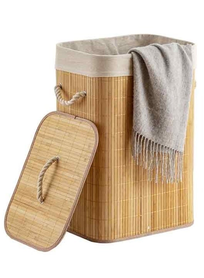 سلة غسيل من الخيزران، قابلة للطي مع غطاء ومقابض، 50 × 35 × 25 سم، بطانة داخلية قابلة للإزالة والغسل، مناسبة للملابس البيضاء والمتسخة، صندوق لعب للأطفال، لون طبيعي، سعة 45 لترًا - Image 1