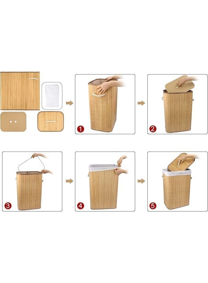 سلة غسيل من الخيزران، قابلة للطي مع غطاء ومقابض، 50 × 35 × 25 سم، بطانة داخلية قابلة للإزالة والغسل، مناسبة للملابس البيضاء والمتسخة، صندوق لعب للأطفال، لون طبيعي، سعة 45 لترًا - Image 3