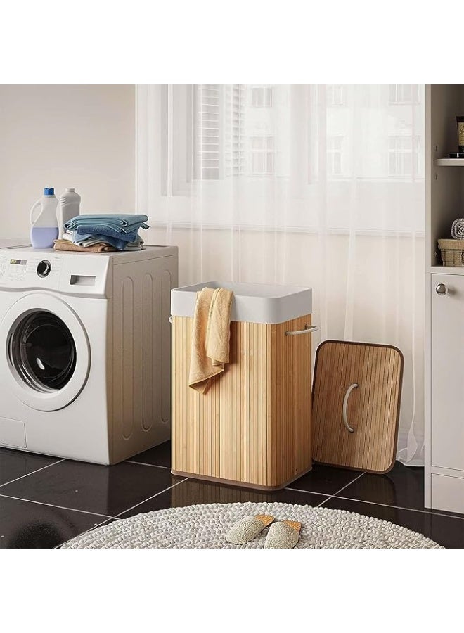 سلة غسيل من الخيزران، قابلة للطي مع غطاء ومقابض، 50 × 35 × 25 سم، بطانة داخلية قابلة للإزالة والغسل، مناسبة للملابس البيضاء والمتسخة، صندوق لعب للأطفال، لون طبيعي، سعة 45 لترًا - Image 4
