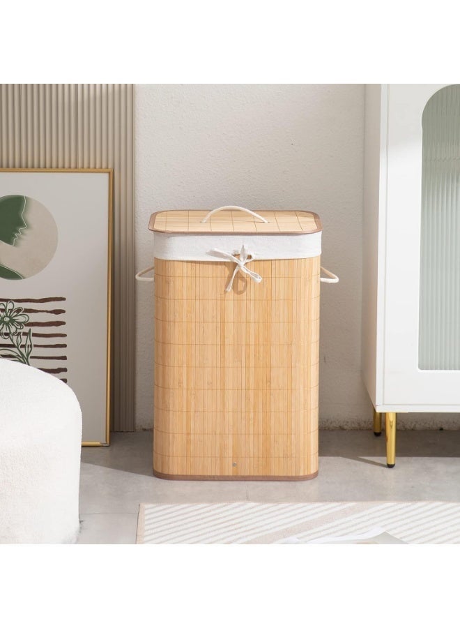 سلة غسيل من الخيزران، قابلة للطي مع غطاء ومقابض، 50 × 35 × 25 سم، بطانة داخلية قابلة للإزالة والغسل، مناسبة للملابس البيضاء والمتسخة، صندوق لعب للأطفال، لون طبيعي، سعة 45 لترًا - Image 2
