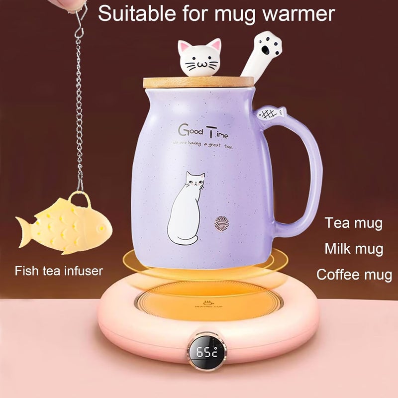 Cat Mug with Infuser , Lid , Spoon , and Coaster - Purple Ceramic Tea Cup - Image 4