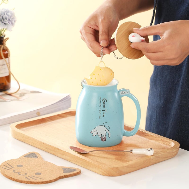 Cat Mug with Infuser , Lid , Spoon , and Coaster - Purple Ceramic Tea Cup - Image 3