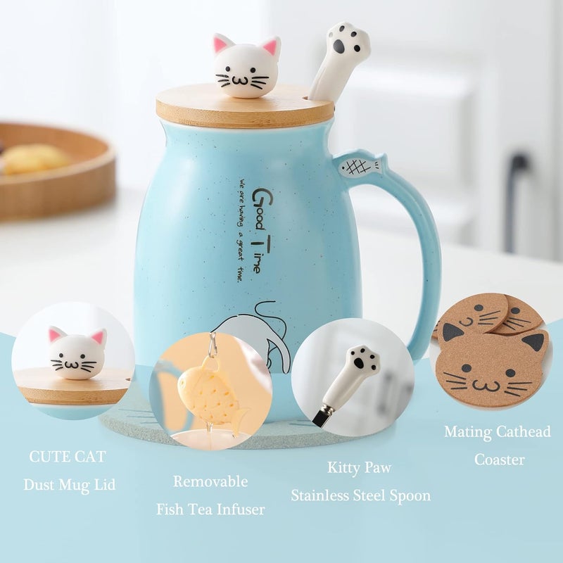 Cat Mug with Infuser , Lid , Spoon , and Coaster - Purple Ceramic Tea Cup - Image 2