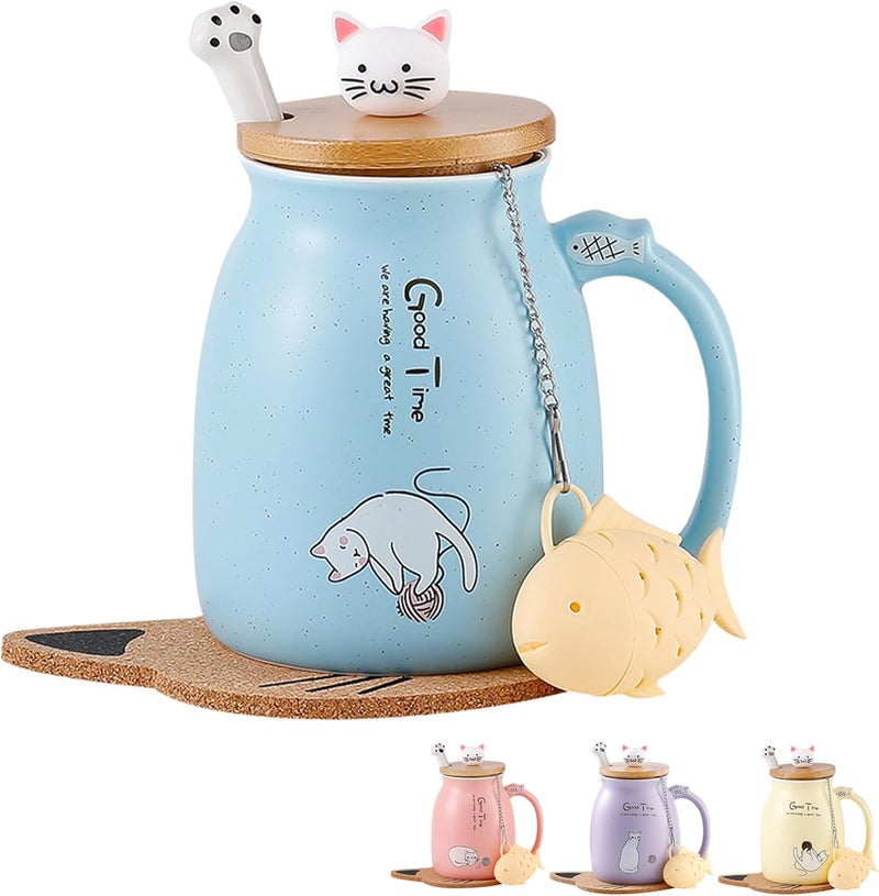 Cat Mug with Infuser , Lid , Spoon , and Coaster - Purple Ceramic Tea Cup - Image 1