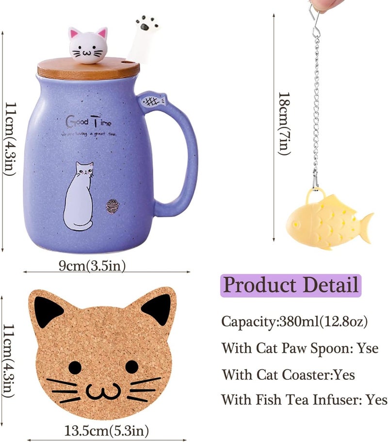 Cat Mug with Infuser , Lid , Spoon , and Coaster - Purple Ceramic Tea Cup - Image 5