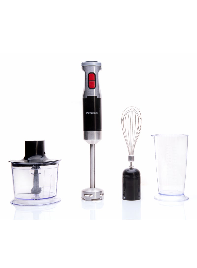 Mediatech Full Mix Pro Hand Blender , 800 Watt,Copper Motor, 2 speeds , 0.5L Chopper, 4 Stainless Steel Blades,  700 ML Measuring Cup ,Whisk, Masher  MT-HB15- Black - Image 1