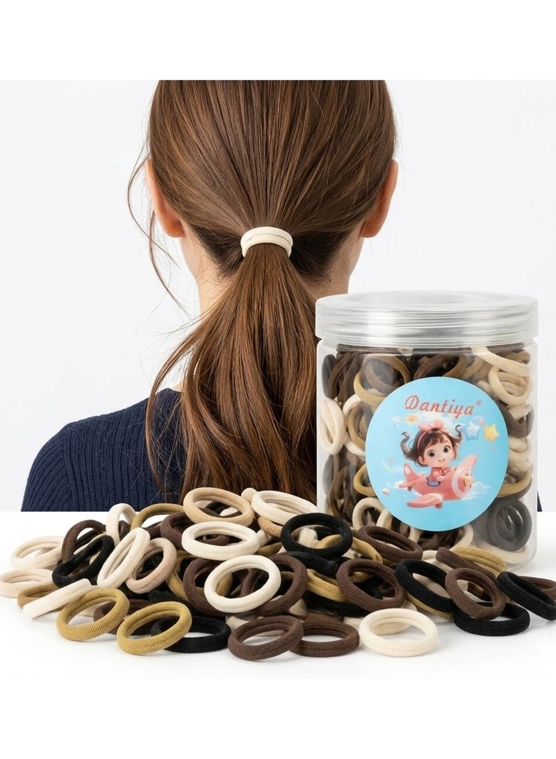 Dantiya 80 PCS Elastic Hair Ties for Women and Girls, Soft Fabric Hair Bands Strong Hold Ponytail Holders, No Damage for Long Lasting Braids Hair Rubber Bands Perfect for Medium, Thick & Thin Hair, Strong Hold Daily Wear Hair Accessories Neutral Colors Black Brown Beige with Storage Jar - Image 1