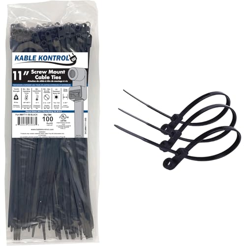Kable Kontrol Zip Ties with Screw Hole, 11 Inch 100 Pcs Black, 50 Lbs. Tensile Strength, Self-Locking, Multipurpose Mounting head Cable Ties for Indoor & Outdoor Use - Image 1