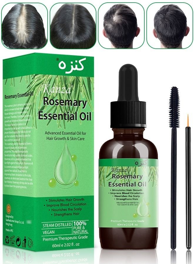 Kanza زيت إكليل الجبل العطري 60 مل، زيت تقوية فروة الرأس والشعر، زيت إكليل الجبل العضوي النقي للشعر الجاف التالف، زيت نمو الشعر، زيت فروة الرأس، زيت شعر نقي وطبيعي عالي الجودة للرجال والنساء - Image 1