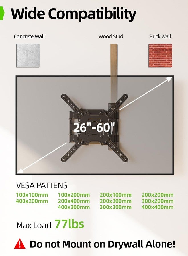USX Mount TV Wall Mount for Most 26-60 Inch TVs up to 77 lbs, Full Motion Wall Mount TV Bracket with Swivel Tilt Single Stud Design for Corner, Max VESA 400x400mm fit Most 32 40 42 43 50 55 60 TVs - Image 2