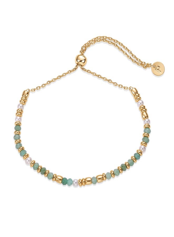 بافوا أساور بافوي مطلية بالذهب الأصفر عيار 14 قيراطًا مرصعة بالأحجار الكريمة للنساء - سوار منزلق قابل للتعديل مرصع بأحجار كريمة رقيقة ولآلئ - سوار بوهيمي أنيق مرصع بلآلئ المياه العذبة وخرز الأمازونيت - هدايا مجوهرات ذهبية - Image 1