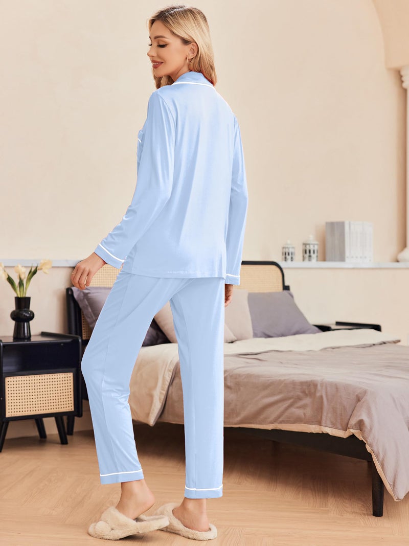 Ekouaer Pajamas Women's Long Sleeve Sleepwear Soft Button Down Loungewear Pjs Lounge Set Nightwear,Blue,Medium - Image 3