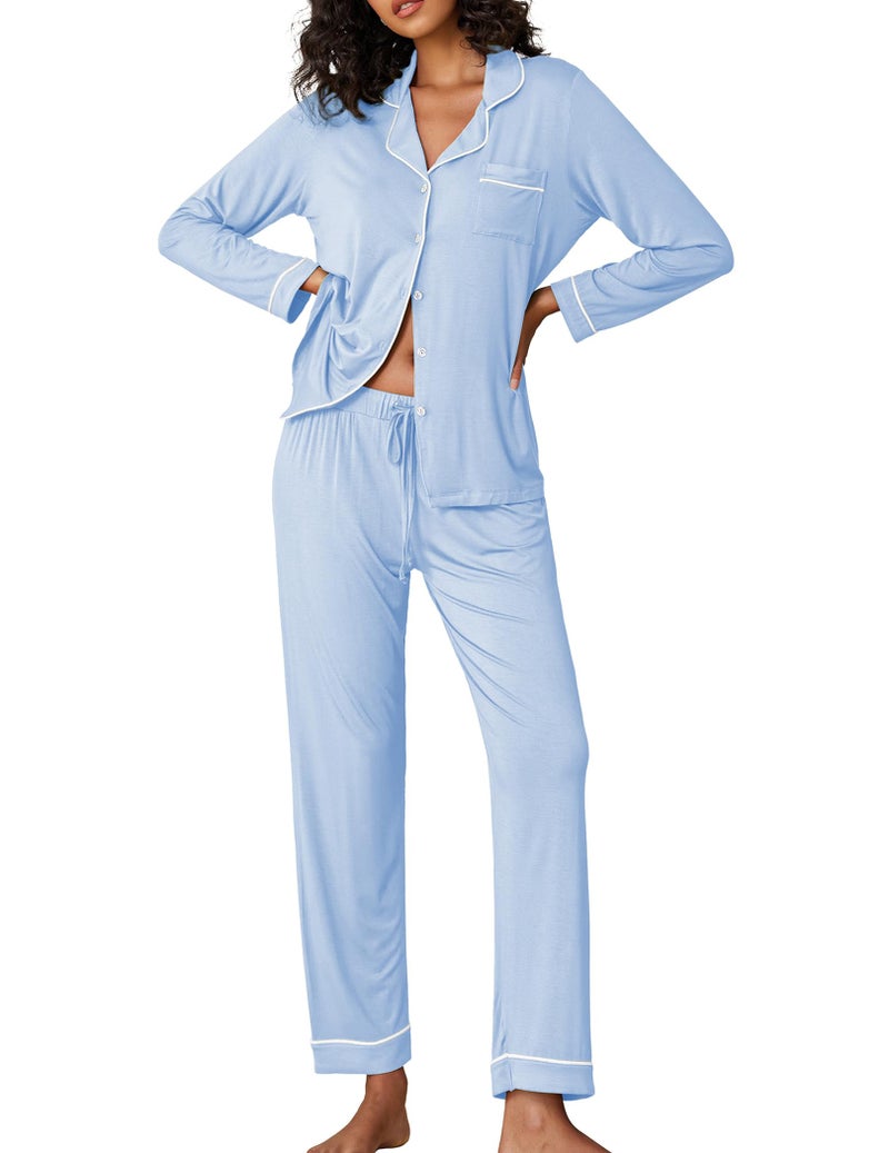 Ekouaer Pajamas Women's Long Sleeve Sleepwear Soft Button Down Loungewear Pjs Lounge Set Nightwear,Blue,Medium - Image 1