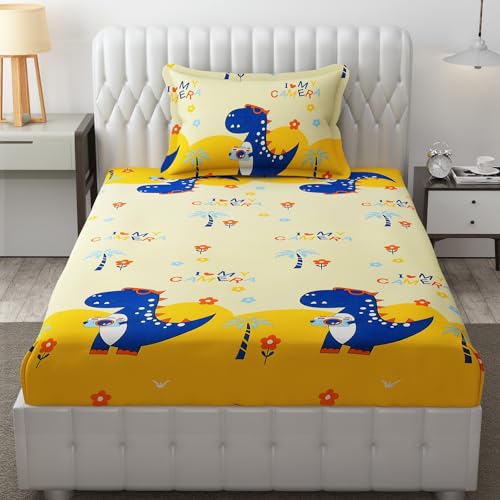 FRESH FROM LOOM Glace Cotton Wrinkle Free Soft Hypoallergenic Bed Sheet | Cartoon Printed | Single Size Bedsheet for Kids Room with 1 Pillow Covers, Boys Girls (60x90 Inches/Dino), Multicolor, 144 TC - Image 1