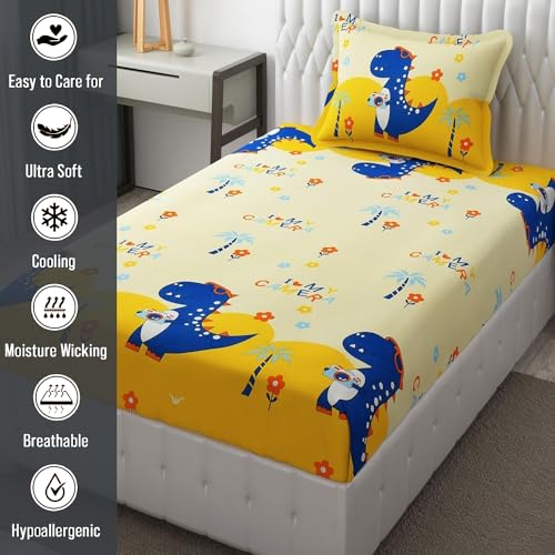 FRESH FROM LOOM Glace Cotton Wrinkle Free Soft Hypoallergenic Bed Sheet | Cartoon Printed | Single Size Bedsheet for Kids Room with 1 Pillow Covers, Boys Girls (60x90 Inches/Dino), Multicolor, 144 TC - Image 4