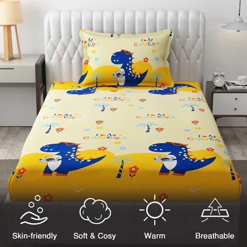 FRESH FROM LOOM Glace Cotton Wrinkle Free Soft Hypoallergenic Bed Sheet | Cartoon Printed | Single Size Bedsheet for Kids Room with 1 Pillow Covers, Boys Girls (60x90 Inches/Dino), Multicolor, 144 TC - Image 5