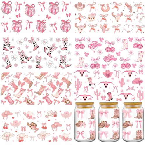 AFRITEE Coquettte Bows UV DTF Decals - 8 Sheets Cowboy Hat Uvdtf Cup Wraps for 16 oz Glass Water Bottle, Western Boots Transfer Stickers for DIY Laptop Decor Craft Decal Cowboys Gift for Women (Pink) - Image 1
