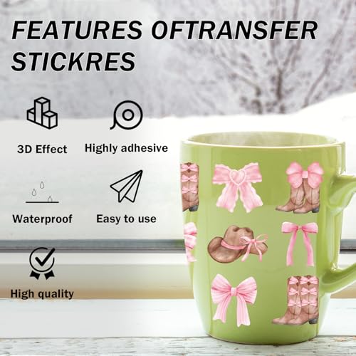 AFRITEE Coquettte Bows UV DTF Decals - 8 Sheets Cowboy Hat Uvdtf Cup Wraps for 16 oz Glass Water Bottle, Western Boots Transfer Stickers for DIY Laptop Decor Craft Decal Cowboys Gift for Women (Pink) - Image 5