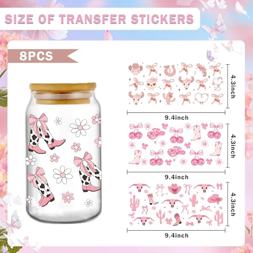AFRITEE Coquettte Bows UV DTF Decals - 8 Sheets Cowboy Hat Uvdtf Cup Wraps for 16 oz Glass Water Bottle, Western Boots Transfer Stickers for DIY Laptop Decor Craft Decal Cowboys Gift for Women (Pink) - Image 4