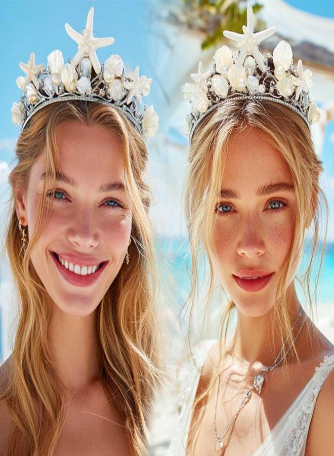 Unicra Mermaid Crown Starfish Tiara Silver Seashell Headband Beach Wedding Hair Accessories for Women - Image 4