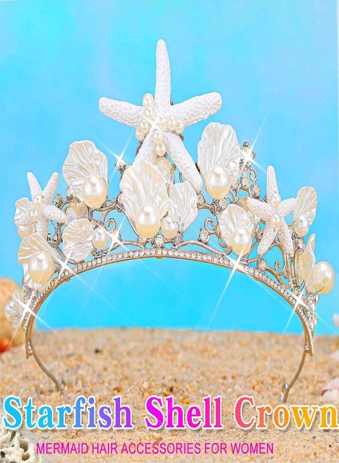 Unicra Mermaid Crown Starfish Tiara Silver Seashell Headband Beach Wedding Hair Accessories for Women - Image 2
