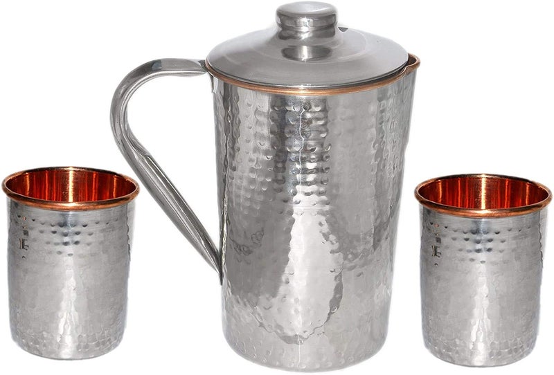 Ukal UKAL Outside Steel Inside Copper Water Pitcher Jug Set 2 Glasses capacity1500 ml 