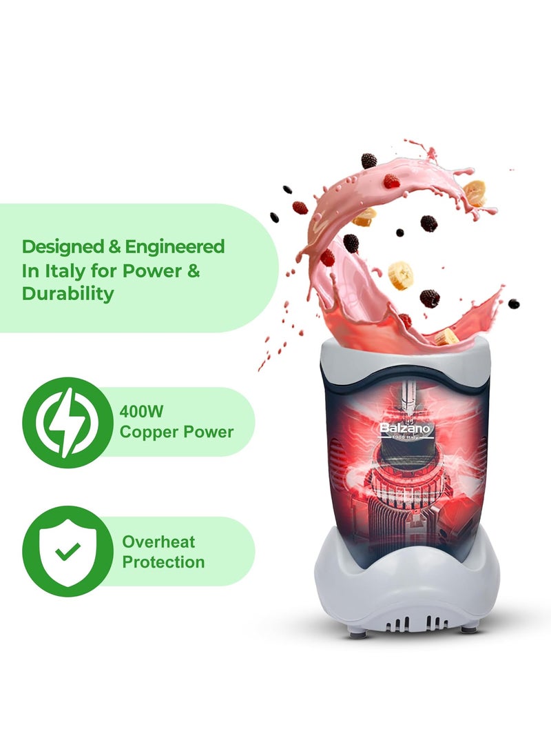 Balzano - Balzano Bullet Mixer Grinder, Blender for Smoothie and Juices, Nutri Blender, 400W Copper Motor, Smoothie Blender, Italian Design, Blender for Kitchen - Image 1