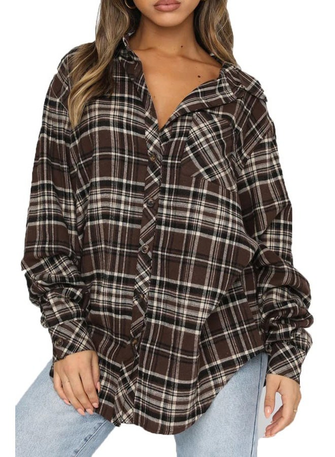CHYRII Womens Button Down Flannel Shirts Long Sleeve Plaid Shackets Business Casual Blouse Top, Coffee-7111, L - Image 1