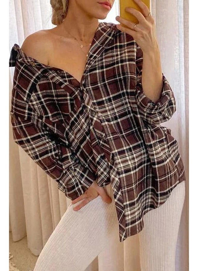 CHYRII Womens Button Down Flannel Shirts Long Sleeve Plaid Shackets Business Casual Blouse Top, Coffee-7111, L - Image 3