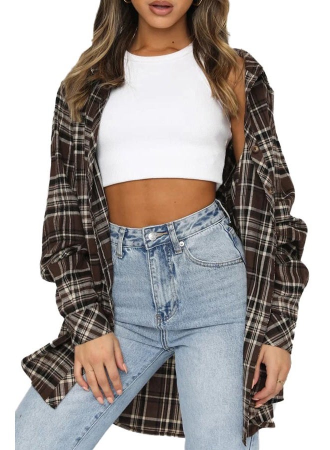 CHYRII Womens Button Down Flannel Shirts Long Sleeve Plaid Shackets Business Casual Blouse Top, Coffee-7111, L - Image 5