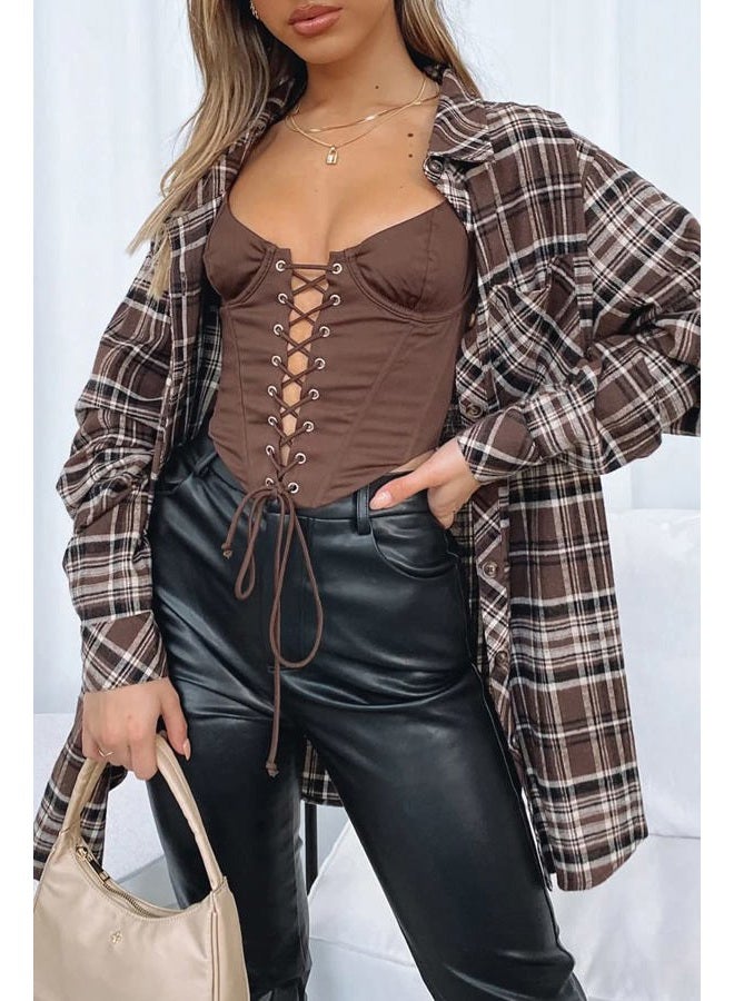 CHYRII Womens Button Down Flannel Shirts Long Sleeve Plaid Shackets Business Casual Blouse Top, Coffee-7111, L - Image 2