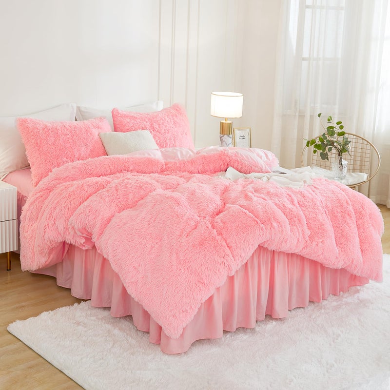 Andency Faux Fur Pink Comforter Set Full Size  3 Pieces Fluffy Fuzzy Plush Bedding Comforter Set (1 Shaggy Velvet Comforter & 2 Pillowcases)  Soft Puffy Comfy Down Alternative Comforter Bedding Set - Image 2