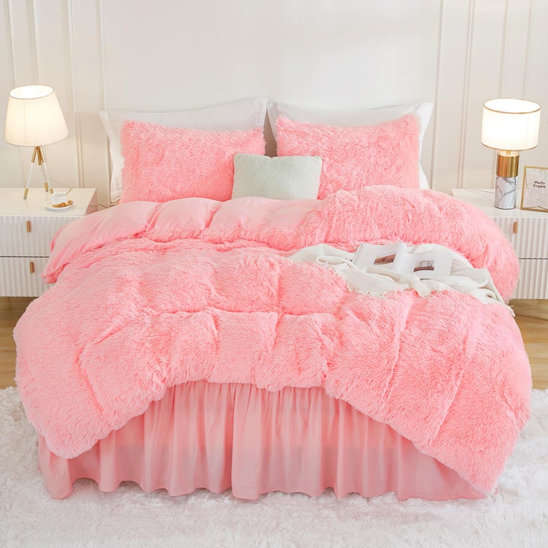 Andency Faux Fur Pink Comforter Set Full Size  3 Pieces Fluffy Fuzzy Plush Bedding Comforter Set (1 Shaggy Velvet Comforter & 2 Pillowcases)  Soft Puffy Comfy Down Alternative Comforter Bedding Set - Image 1