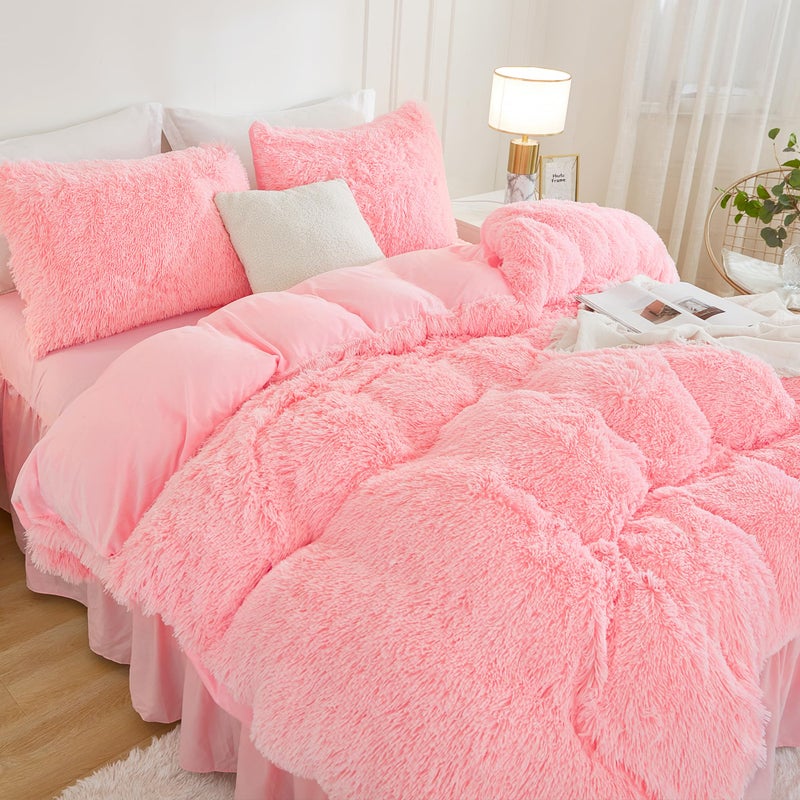 Andency Faux Fur Pink Comforter Set Full Size  3 Pieces Fluffy Fuzzy Plush Bedding Comforter Set (1 Shaggy Velvet Comforter & 2 Pillowcases)  Soft Puffy Comfy Down Alternative Comforter Bedding Set - Image 3
