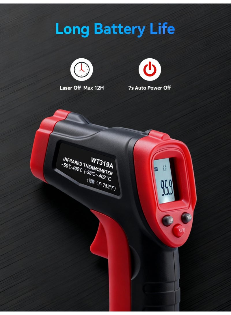 بازار مسدس ترمومتر ليزر بالأشعة تحت الحمراء - مسدس رقمي لقياس درجة حرارة السطح بدون تلامس (من -50 درجة مئوية إلى 400 درجة مئوية / من -58 درجة فهرنهايت إلى 752 درجة فهرنهايت)، استهداف ليزر بنسبة 12:1 لاختبار المطبخ والشواية والفرن وأنظمة التدفئة والتهوية وتكييف الهواء والمحركات - Image 5