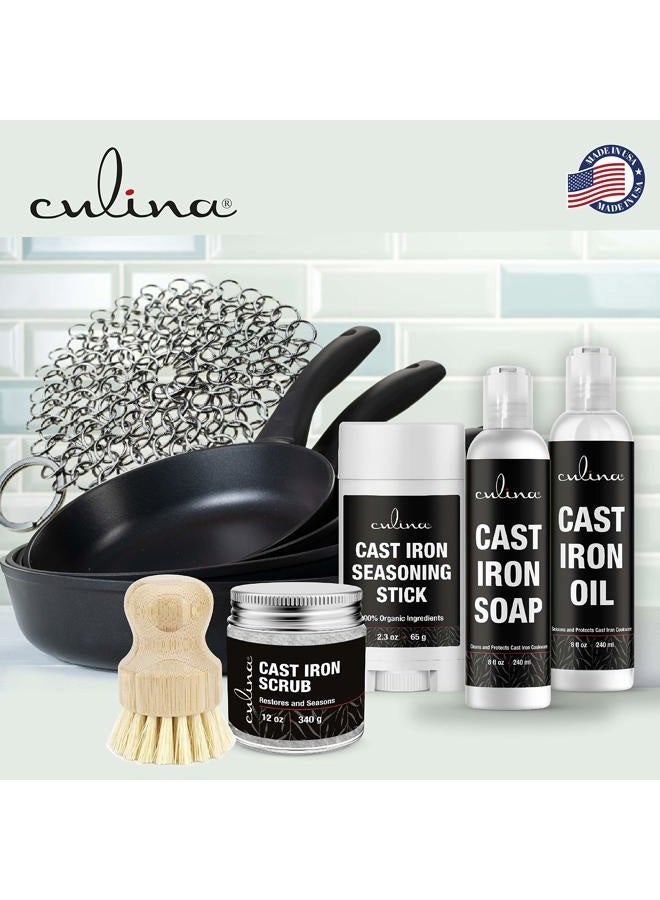 Culina Cast Iron Soap & stick & Conditioning Oil & Stainless Scrubber &Restoring Scrub & brush | All Natural Ingredients | Best for Cleaning, Non-stick Cooking & Restoring | for Cast Iron Cookware - Image 2