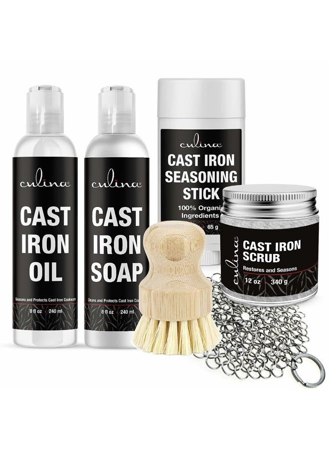 Culina Cast Iron Soap & stick & Conditioning Oil & Stainless Scrubber &Restoring Scrub & brush | All Natural Ingredients | Best for Cleaning, Non-stick Cooking & Restoring | for Cast Iron Cookware - Image 1