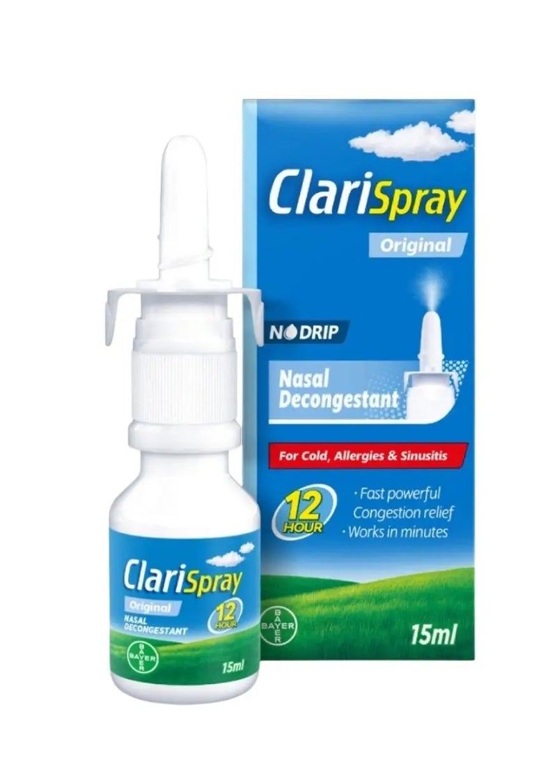 BAYER ClariSpray No Drip Nasal Decongestant Fast and Powerful Spray For Allergy Relief 15ml 