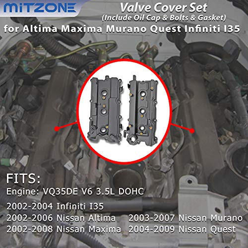 MITZONE Engine Valve Cover Set with Bolts & Oil Cap & Gaskets & Spark Plug Tube Seals & PCV Valve Compatible with 2002-2007 Nissan Altima Maxima Murano Quest Infiniti I35 VQ35DE V6 3.5L Part# 264-984 265-985 - Image 3