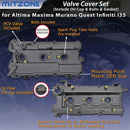 MITZONE Engine Valve Cover Set with Bolts & Oil Cap & Gaskets & Spark Plug Tube Seals & PCV Valve Compatible with 2002-2007 Nissan Altima Maxima Murano Quest Infiniti I35 VQ35DE V6 3.5L Part# 264-984 265-985 - Image 4
