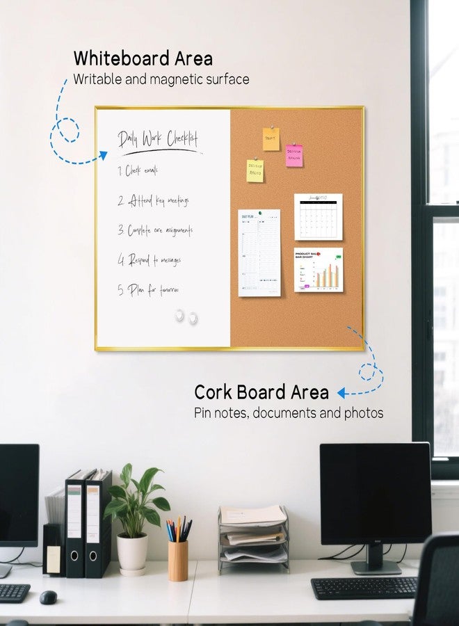 QUEENLINK White Board Cork Board Combo, 36'' x 24'', Magnetic Dry Erase Board and Pin Board for Wall, Gold Aluminum Frame Bulletin Board for Home Office School with Accessories - Image 2