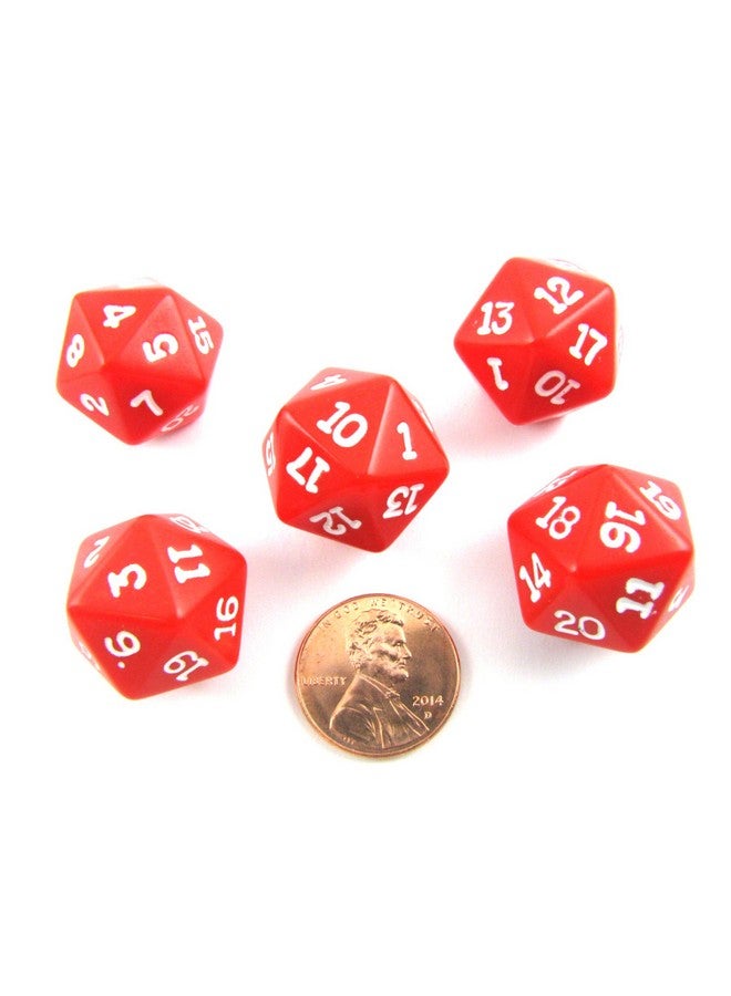 Set Of 5 Twenty Sided 19Mm D20 Opaque Dice Rpg D&D Red With White Numbers Die