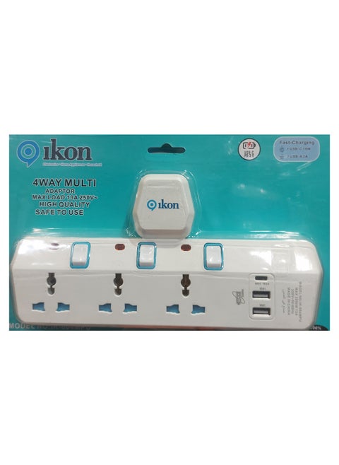 4 Way T Socket Multi Adapter With 2 Usb A And 1Usb C Ports
