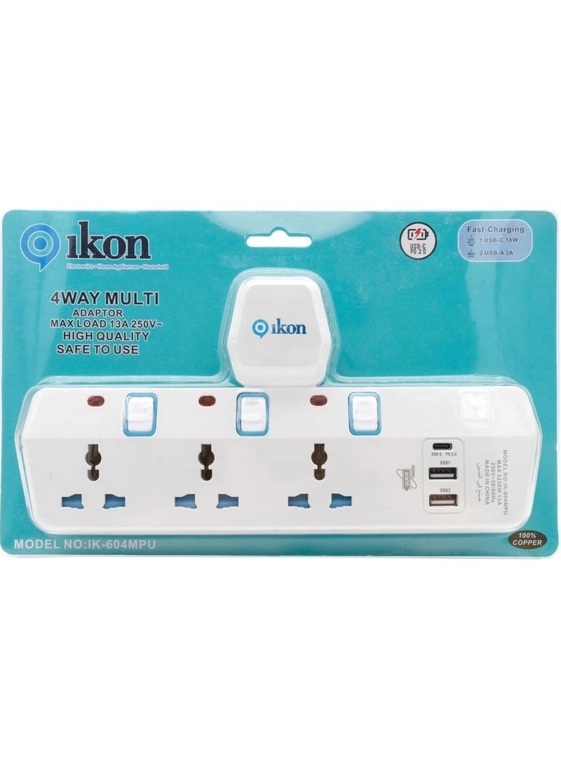 ikon - 4 Way T Socket Multi Adapter With 2 Usb A And 1Usb C Ports - Image 1