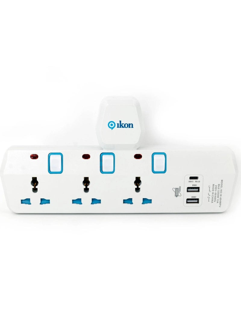 ikon - 4 Way T Socket Multi Adapter With 2 Usb A And 1Usb C Ports - Image 1