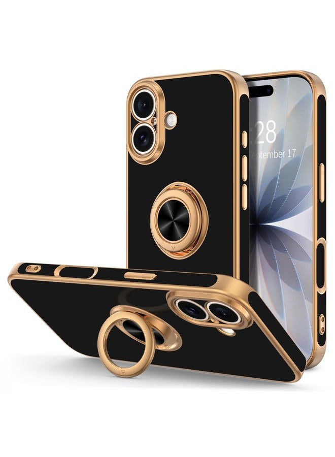Hython for iPhone 17 Case with Ring Stand, 360° Rotatable Ring Holder Magnetic Kickstand, Plating Rose Gold Edge Soft Cover Protective Phone Case for iPhone 17 6.3", Black - Image 1