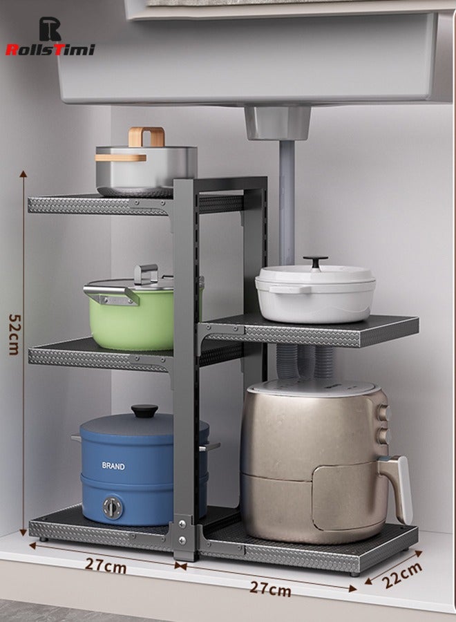 RollsTimi  Adjustable Kitchen Storage Pot Rack - Stainless Steel, 3-Layer Plus 2-Layer Under-Sink Cabinet Organizer, Countertop and Floor Storage Corner Rack,Black - Image 1