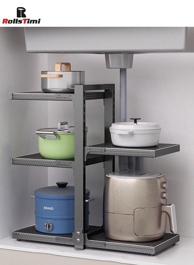 RollsTimi  Adjustable Kitchen Storage Pot Rack - Stainless Steel, 3-Layer Plus 2-Layer Under-Sink Cabinet Organizer, Countertop and Floor Storage Corner Rack,Black - Image 3