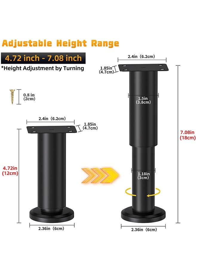 بوفان 4 قطع من أرجل دعم السرير القابلة للتعديل الارتفاع [مع 18 قطعة من البراغي] لإطار السرير/شريحة منتصف السرير، أرجل استبدال أثاث شديدة التحمل 4.72-7.08 بوصة للأريكة/الخزانة/الأريكة/خزانة الملابس/الطاولة (أسود) - Image 2